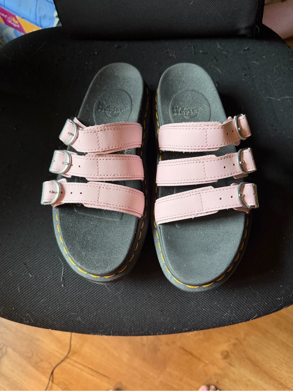 Dr. Martens Kids Triple-Strap Pink Slide Sandals with Yellow Stitching